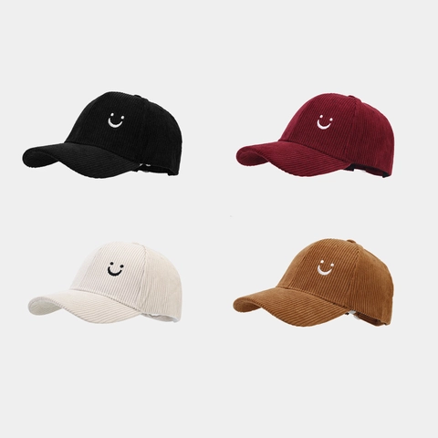 Bestickte Smiley Gesicht Cord Baumwolle Baseballkappe Verstellbare Retro Lässige Sonnenmütze