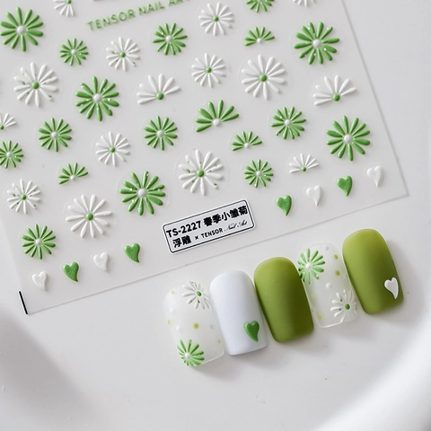 Autocollants Ongles Relief 5D Marguerite Blanc Vert Floral Coeur Stéréoscopique Auto-adhésif Mince Décoration Printemps