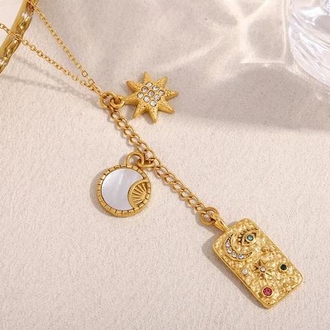 Tarot Y Halskette Edelstahl 18K Vergoldet Mond Stern Auge Anhänger Mit Perlmutt Zirkon Für Damen