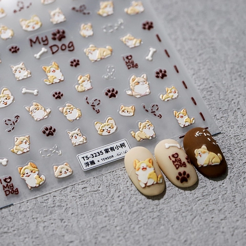 5D Embossed Nail Art Stickers Cartoon Corgi Dog 3D Relief Self Adhesive Manicure Decals For DIY Nail Decoration