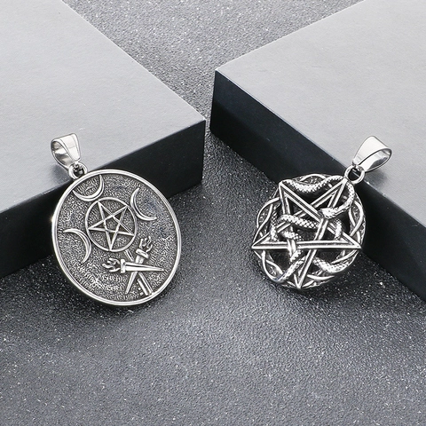 Mystical Hecate Wheel Pendant Necklace Stainless Steel Pentagram Serpent Occult Triple Moon Goddess Punk Gothic Jewelry