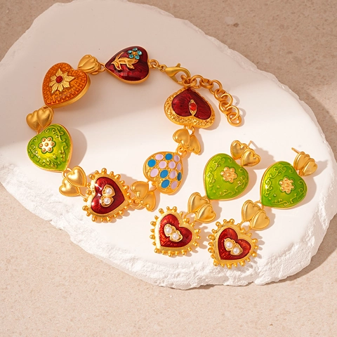 Vintage Palace Heart Drop Earrings With 925 Sterling Silver Earring Post And Colorful Enamel Heart Bracelet Jewelry