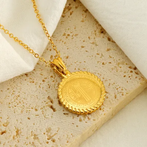 Saint Benedikt Medaille Halskette Runder Religiöser Anhänger 18K Vergoldeter Edelstahl Vintage Schmuck Unisex
