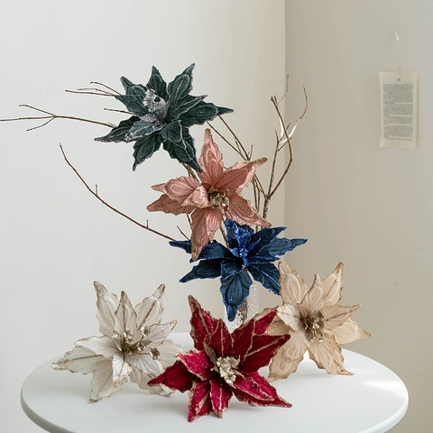 Artificial Poinsettia Christmas Flowers Glitter Velvet Flannel Christmas Tree Ornaments Party Home Decor Holiday Floral