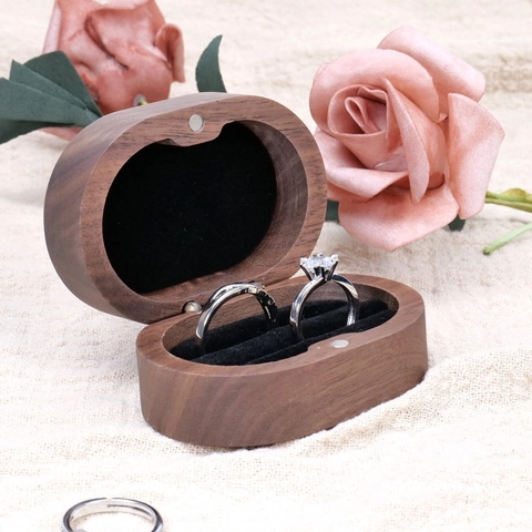 Oval Double Ring Box Black Walnut Wood Velvet Lining Magnetic Closure For Wedding Proposal Engagement Portable Jewelry Case
