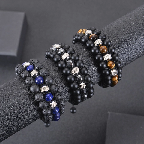 Pulsera Piedra Natural Multicapa Piedra Volcánica Lapislázuli Ojo De Tigre Cuentas Acero Trenzado Cuerda Ajustable Unisex