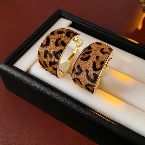 Orecchini A Cerchio A Forma Di C Con Stampa Leopardata Da Donna Stile Western Vintage Rame Con Perno In Argento Chic