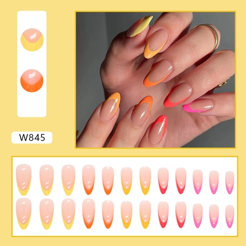 Faux Ongles À Presser Dégradé Arc-En-Ciel Français Forme Amande Brillants Colorés Pour Femmes Style Été