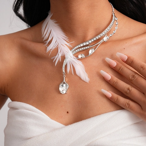 Collana Di Piume Con Strass In Lega Ciondolo In Cristallo Asimmetrico Gioielli Eleganti Da Festa Per Donna Tono Argento