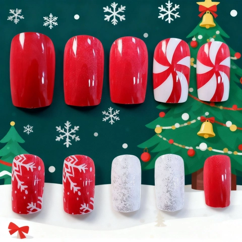 Unghie Finte Di Natale Rosso Bianco Fiocco Di Neve Glitter Quadrato Medio Plastica ABS Unghie Artificiali Per Donne Festa