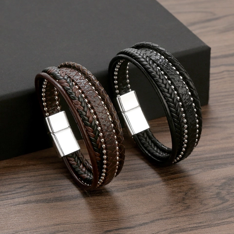 Herren Geflochtenes Lederarmband Mehrlagig Edelstahl Perlen Magnetverschluss Mode Casual Schmuck