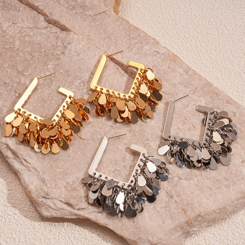 Geometric Square Tassel Dangle Earrings With 925 Sterling Silver Earring Post 18K Gold Plated Copper Teardrop Sequins