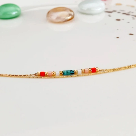 Double Layer Gold Tone Chain Bracelet With Colorful Glass Rice Beads Handmade Woven Boho Chic Jewelry For Women