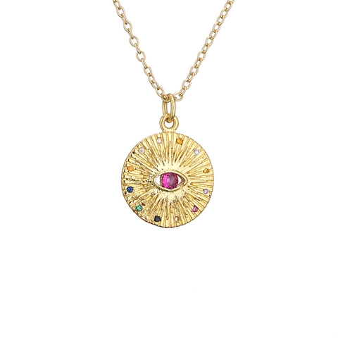 Evil Eye Anhänger Halskette Gold Plattiert Kupfer Geometrische Rund Scheibe Zirkonia Mode Schmuck Für Damen