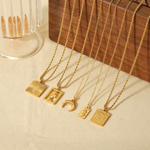 French Vintage 18K Gold Plated Stainless Steel Pendant Necklace For Women Portrait Sun Moon Snake Relief Square Medal Jewelry