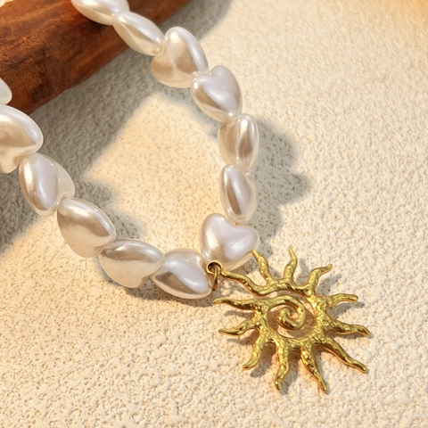 Collana Vintage in Acciaio Inossidabile con Perle Artificiali a Cuore per Donna Pendente a Sole Oro Gioielli Retrò