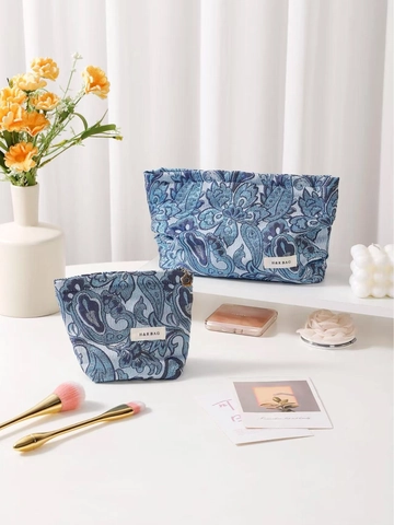 Retro Blue Paisley Jacquard Makeup Bag Portable Fabric Cosmetic Pouch Travel Toiletry Organizer Handbag