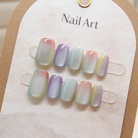 Uñas Postizas Cat Eye Degradado Cuadradas Cortas Color Macaron Pintadas A Mano Plástico ABS Para Mujeres Chic
