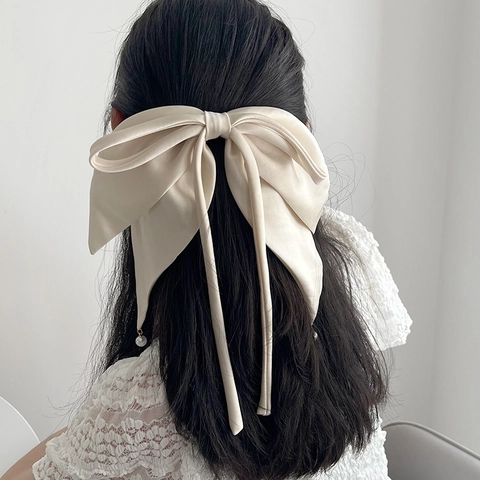 Oversized Bow Hair Clip Satin Fabric Long Streamer With Artificial Pearl Pendant Elegant Solid Color Spring Clip Hairpin For Women