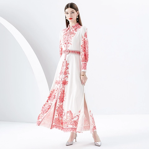 Retro Palast Stil Druck Maxi Kleid Polyester Reverskragen Laternenärmel Gürtel Hoher Schlitz Elegantes Langes Kleid Für Damen