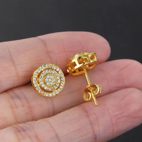 Orecchini a Bottone Tondi Hip Hop Rame Zirconia Micro Pave Bling Gioielli Geometrici per Uomo Donna Oro Argento Regalo