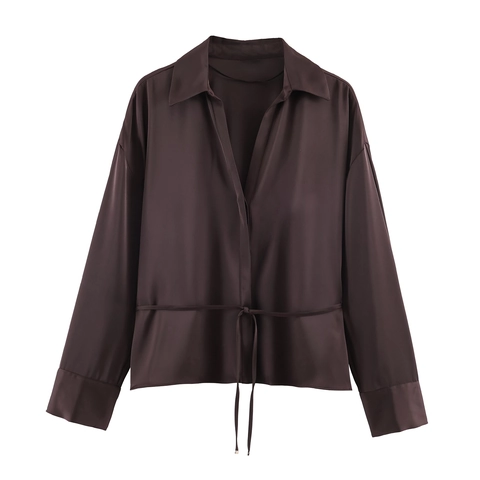 Elegant Women Satin Blouse Long Sleeve Solid Coffee Brown Shirt With Drawstring Waist Lapel Button Down Smooth Top