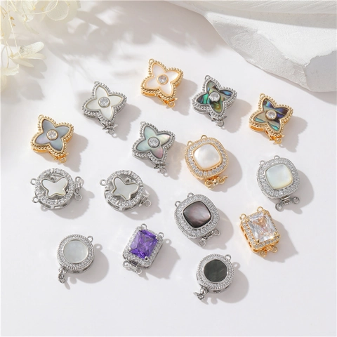 Jewelry Clasps Connector Buckles Copper Mother Of Artificial Pearl Zircon For DIY Necklace Bracelet Making Clover Butterfly