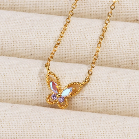 Butterfly Pendant Necklace Gold Plated Copper Colorful Crystal Rhinestones Iridescent O Chain Light Luxury Jewelry Women