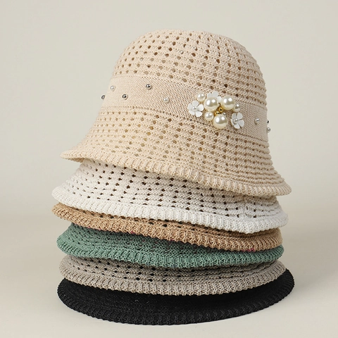 Sombrero De Pescador Elegante Mujer Crochet Punto Perla Artificial Flor Decoración Transpirable Algodón Poliéster Verano Playa Parasol Plegable