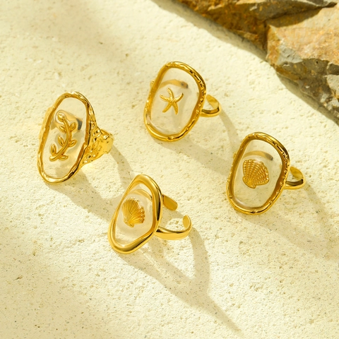 Adjustable Open Ring Stainless Steel Gold Plated Ocean Scallop Shell Starfish Leaf Transparent Resin Jewelry For Women