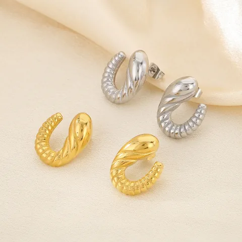 Pendientes De Espiral Acanalados Croissant Acero Inoxidable Chapado En Oro 18K Gruesos Forma C Estilo Francés Mujeres