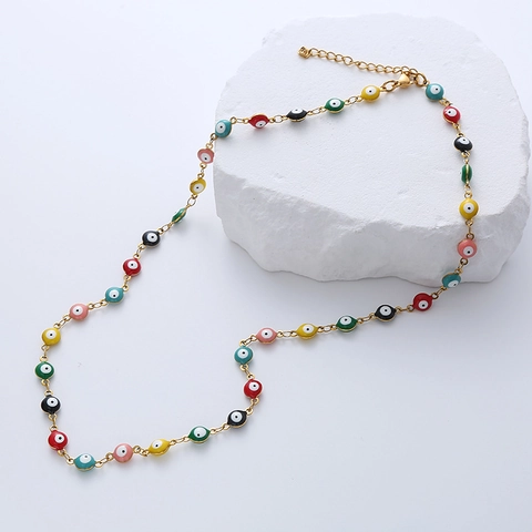 Böser Blick Halskette Edelstahl 18K Vergoldet Türkisch Ethnisch Vintage Bunte Emaille Perlen Schmuck Für Damen