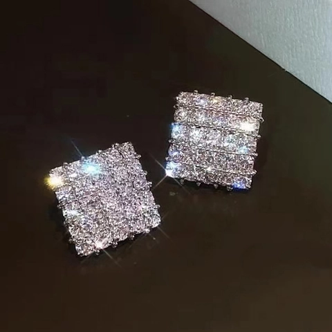 Geometric Rhombus Stud Earrings Copper Micro Pave Zircon Sparkly Retro Fashion Jewelry For Women Office Wear