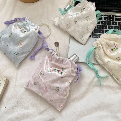 Velvet Drawstring Storage Bag Cute Cartoon Bear Flower Print Travel Makeup Organizer Portable Jewelry Toiletry Pouch