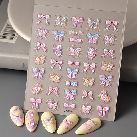 5D Embossed Nail Art Stickers Butterfly Bow Flower Rhinestone Sweet 3D Nail Decals For Women DIY Manicure Decoration