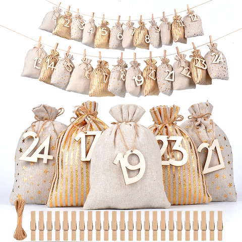 Christmas Advent Calendar Bags Cotton Linen Drawstring Gift Pouch With Wood Tags Clips For Holiday Countdown Decor
