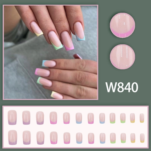 Uñas Postizas Press On French Rainbow Cuadradas Color Macaron Base Nude Plástico Manicura Elegante Para Mujeres