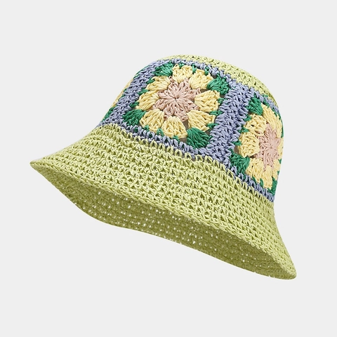 Handgefertigter Häkel-Fischerhut Vintage Blumen-Granny-Square Sommer-Sonnenschutz Atmungsaktiver Outdoor-Strandhut Für Damen