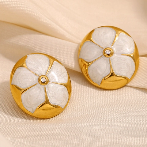 Flower Stud Earrings Stainless Steel 18K Gold Plated White Enamel With Crystal Retro Elegant Fashion Jewelry For Women