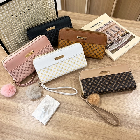 Women Long Monogram Printed PU Leather Wallet Clutch Secure Zipper Wristlet Strap Pom Pom Charm Large Capacity