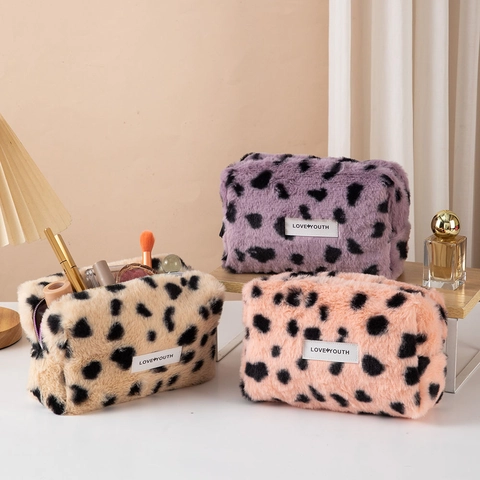 Borsa Per Cosmetici In Peluche Con Stampa Leopardata Organizer Per Trucco Da Viaggio In Ecopelliccia Con Cerniera