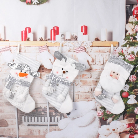 Silver White Sequin Christmas Stockings Santa Claus Snowman Reindeer Hanging Gift Bag For Xmas Tree Fireplace Home Decor Party Ornaments