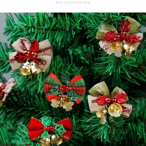 Christmas Bow Ornaments With Metal Bells Holly Leaves Fabric Ribbon For Christmas Tree Wreath Decoration Festive Accessories
