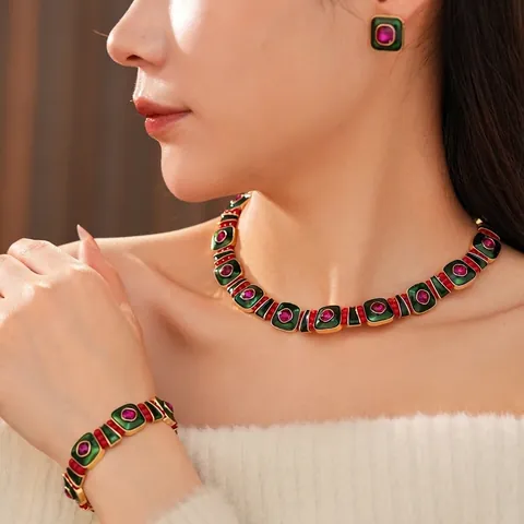 Gioielli Vintage Palazzo Quadrati Smalto Con Collana Bracciale Strass Lega E Perno Orecchino In Argento