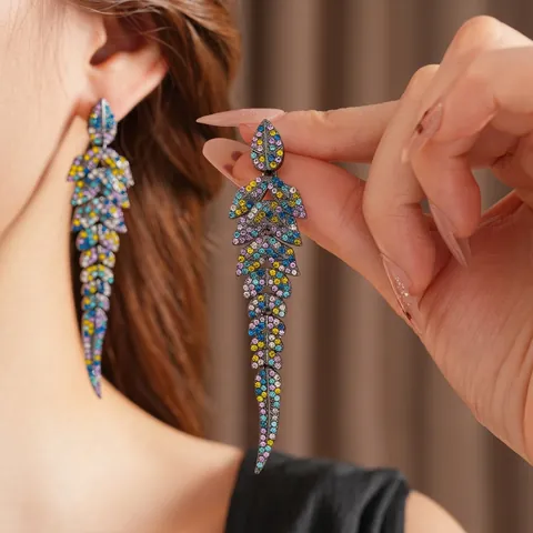 Vintage Leaf Tassel Drop Earrings For Women Luxury Alloy Multicolor Rhinestone With Steel Earring Post