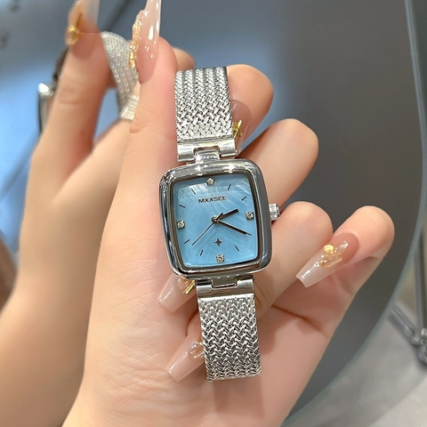 Elegante Orologio al Quarzo Quadrato da Donna Cinturino in Maglia di Lega Impermeabile Vetro Minerale Quadrante Cielo Stellato