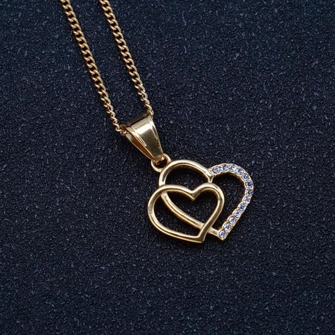 Elegant 316 Stainless Steel Double Heart Pendant Necklace For Women Gold Plated Zirconia Interlocking Hearts Jewelry Gift