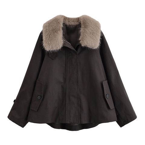 Women Solid Long Sleeve Trench Coat With Detachable Faux Fur Collar Zipper Pockets Elegant Autumn Jacket Outwear