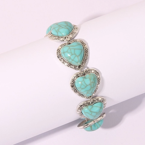 Bracciale Stile Turchese A Forma Di Cuore Retrò Lega Argento Intagliato Floreale Etnico Bohemien Gioielli Donna Chiusura A Commutazione