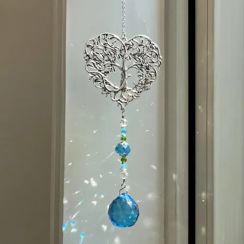 Heart Tree Of Life Crystal Suncatcher Hanging Ornament Rainbow Maker Prism Metal Hollow Window Home Garden Decoration